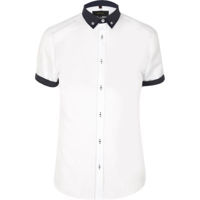 White casual contrast collar slim fit shirt